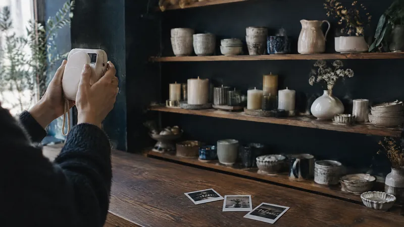 Hands photographing a ceramic jug in front of shelves of pottery