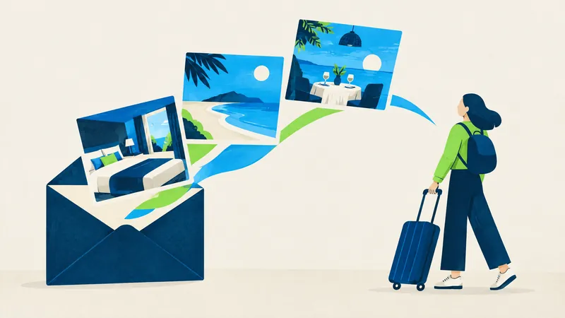 Illustration of holiday photos flying from an envelope towards a traveller