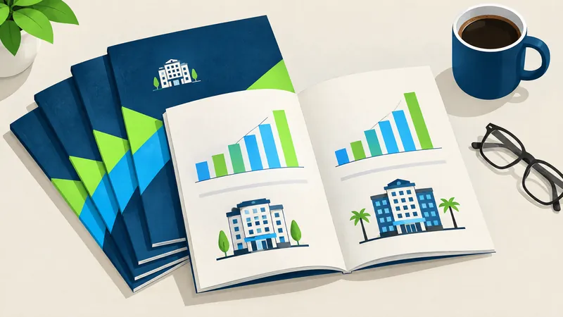 Illustration of property brochures with charts beside coffee and glasses