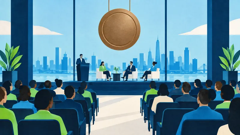 Illustration of an audience watching a panel in a conference room