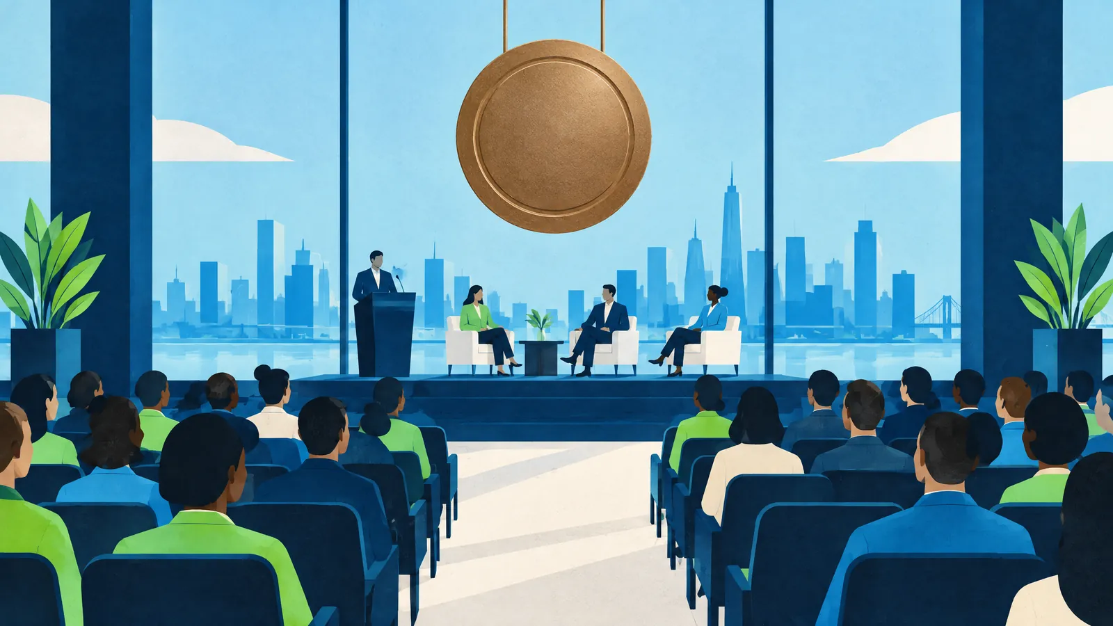 Illustration of an audience watching a panel in a conference room