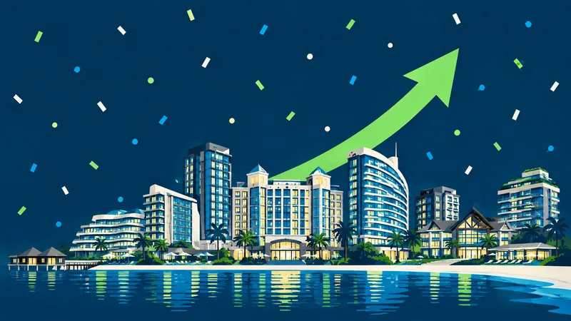 Illustration of waterfront hotels at night with an upward arrow and confetti