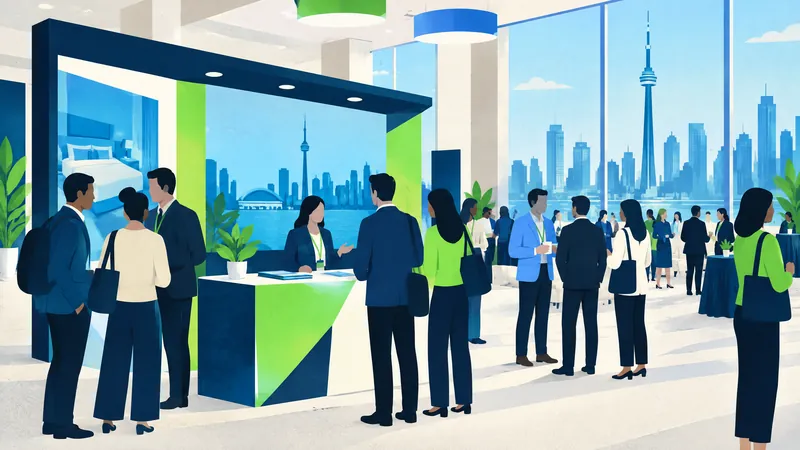 Illustration of people meeting at a trade-show stand overlooking a city