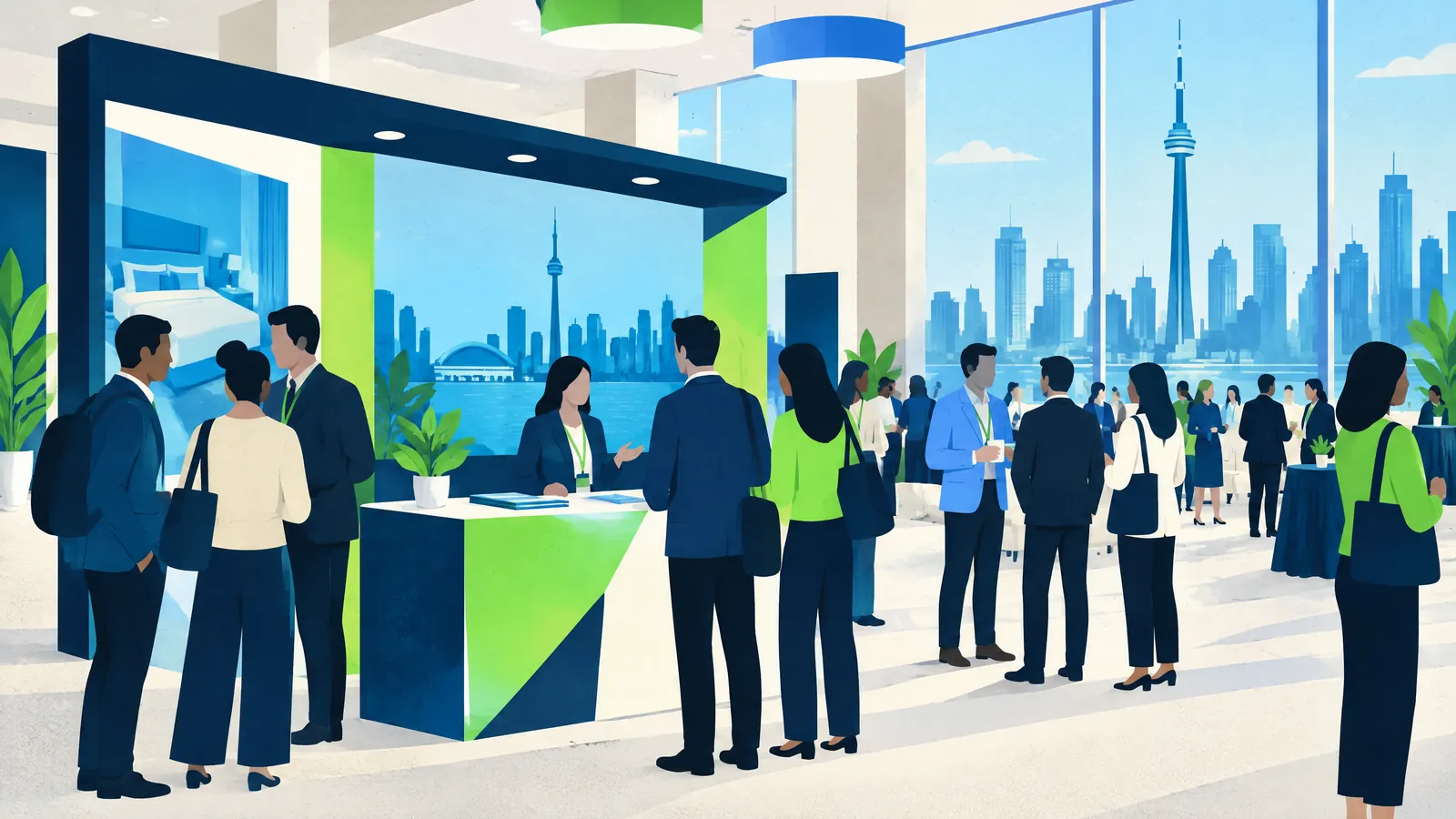 Illustration of people meeting at a trade-show stand overlooking a city
