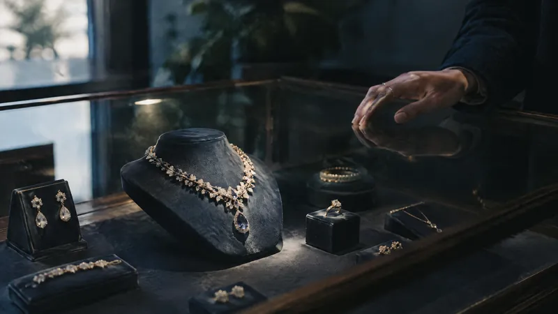 Hand reaching into a jewellery display case of necklaces and earrings