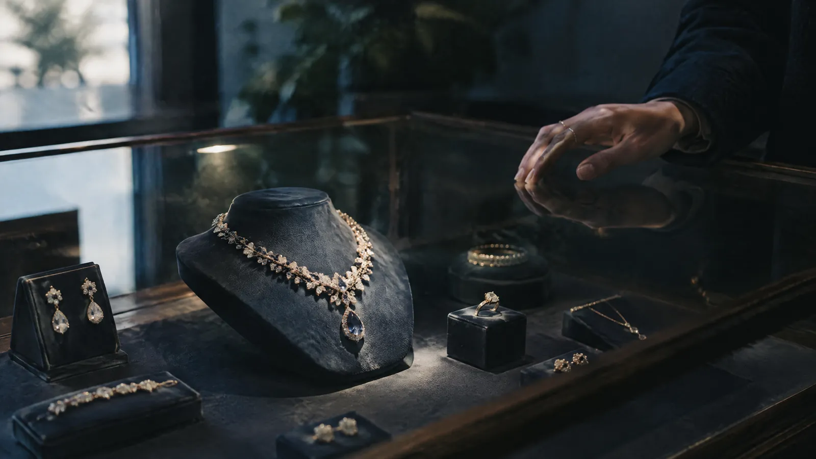 Hand reaching into a jewellery display case of necklaces and earrings