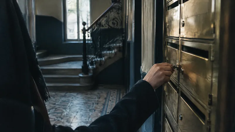 Hand opening a brass safety deposit box in a panelled hallway