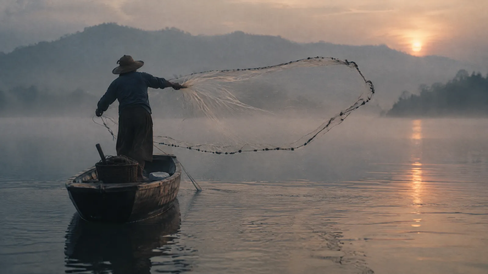 Fisherman casting a net from a boat on a misty river at sunrise