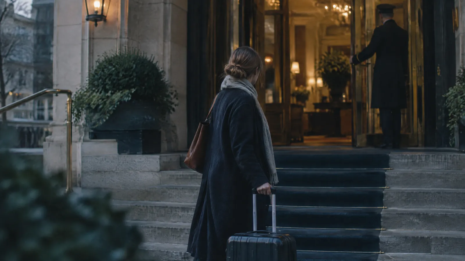 Person wheeling a suitcase up the steps of a grand hotel entrance