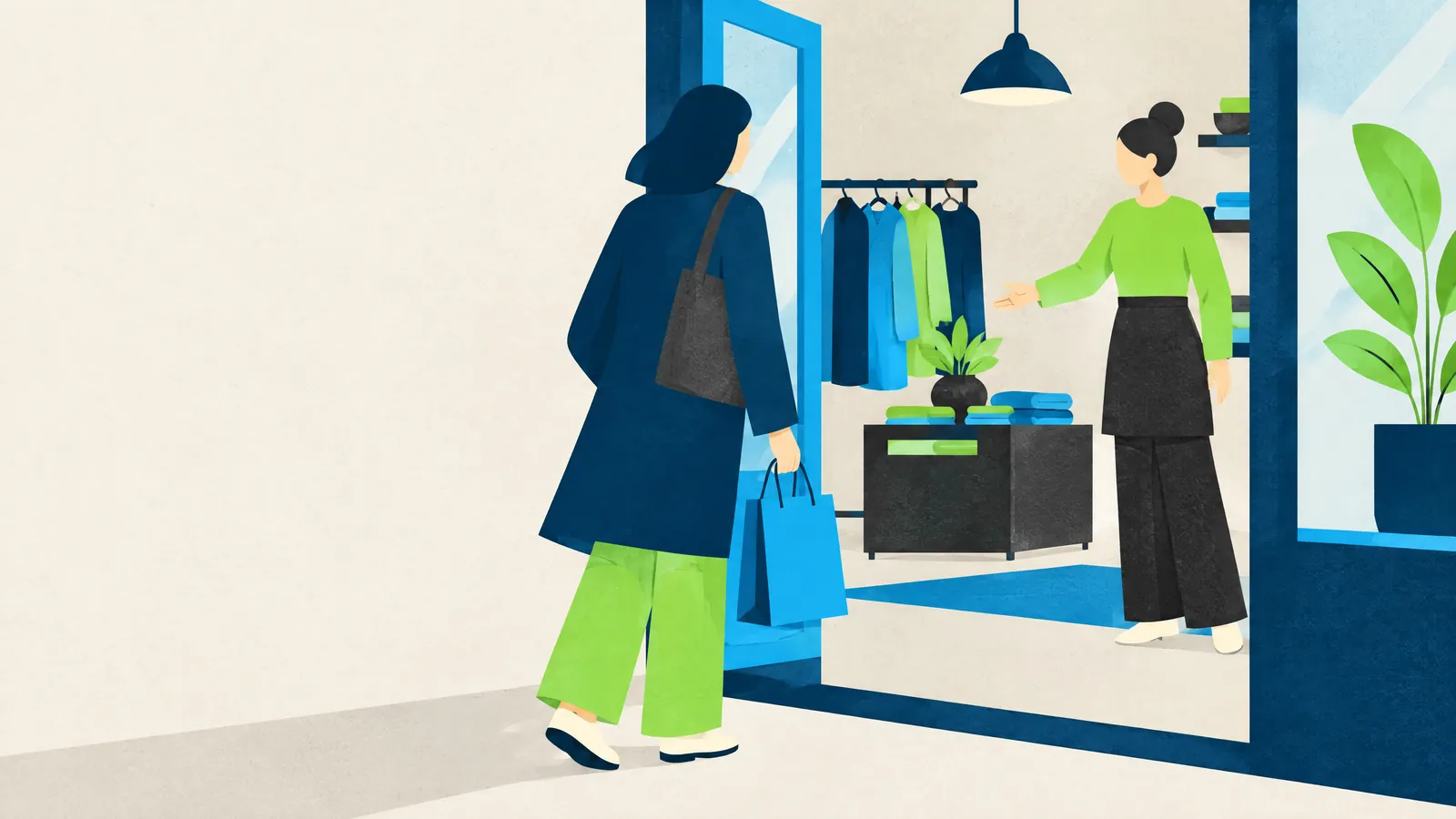Illustration of a shopper with bags greeted by an assistant in a boutique