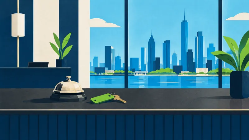 Illustration of a hotel reception desk with a bell and keys, city view behind