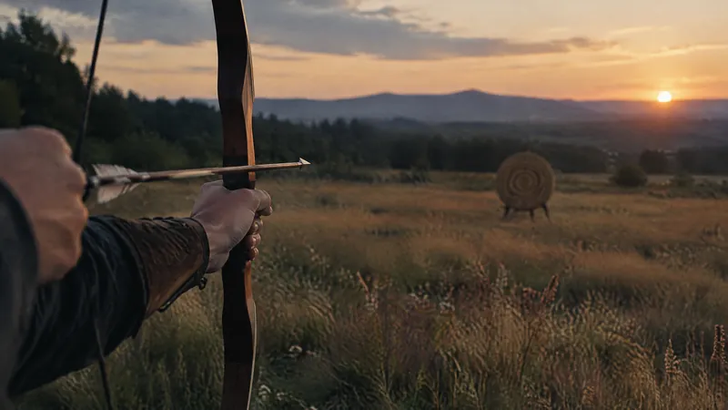 Archer drawing a bow towards a target in a field at sunset