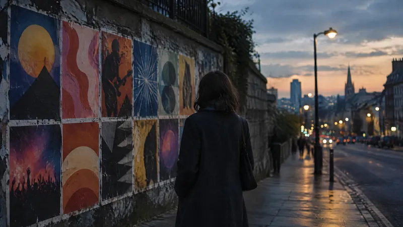 Person walking past a wall of pasted posters on a city street at dusk