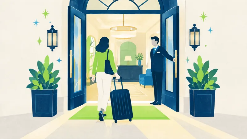 Illustration of a guest wheeling a case into a hotel lobby past a doorman