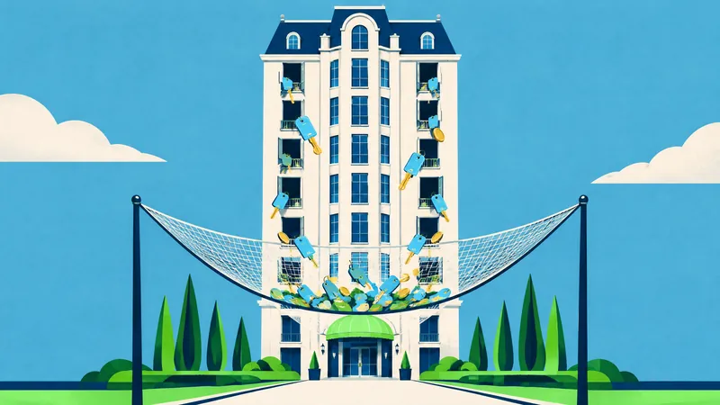 Illustration of a grand hotel behind a net, styled like a stadium