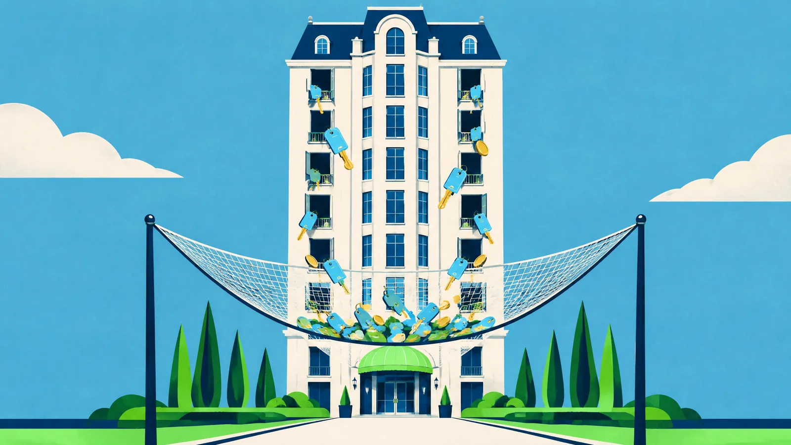 Illustration of a grand hotel behind a net, styled like a stadium