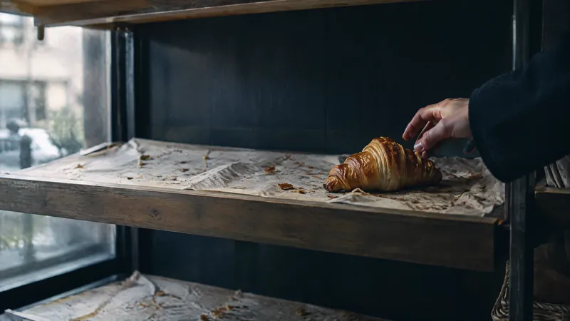 Hand taking a croissant from a bakery shelf