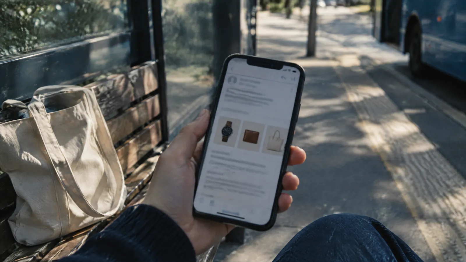 Hand holding a phone showing a product, tote bag on a bench beside the road