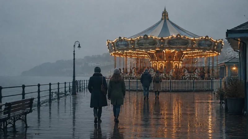 Two people walking towards a lit carousel on a misty seafront