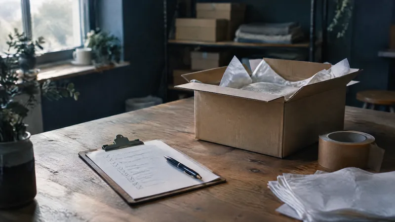 Open cardboard box, clipboard and tape on a table by a window