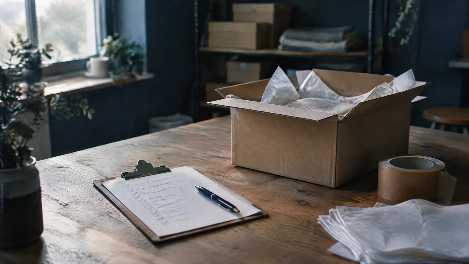 Open cardboard box, clipboard and tape on a table by a window