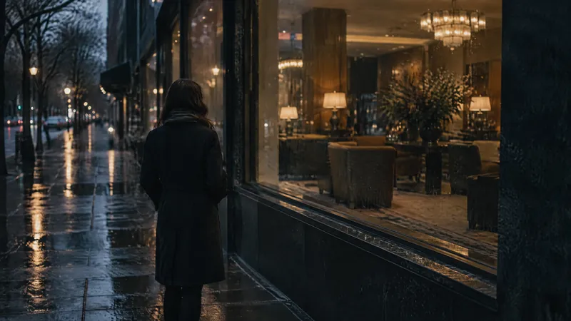 Person looking into the lit window of a hotel lounge on a wet street