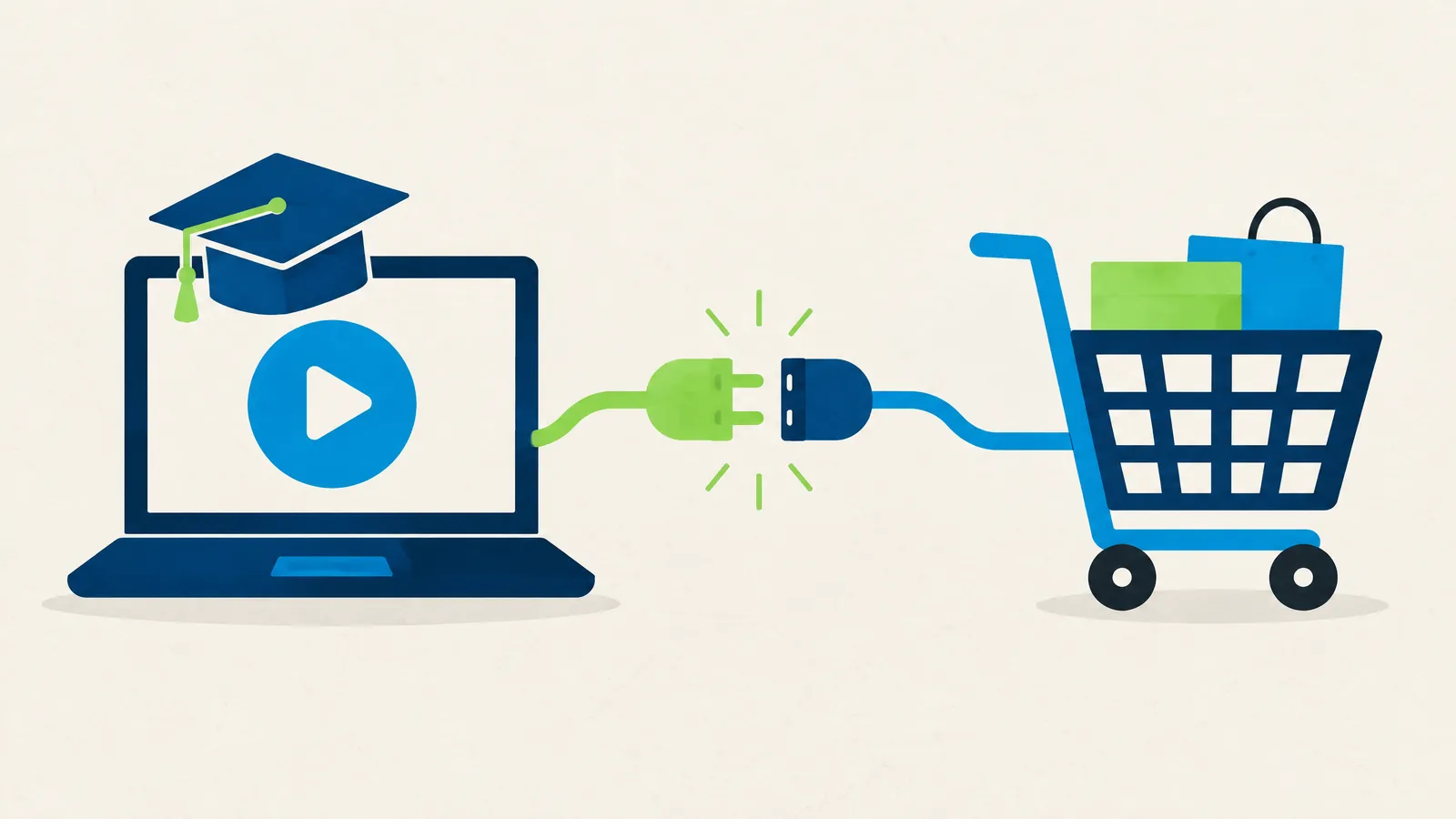 Illustration of a laptop with a graduation cap linked to a full shopping cart