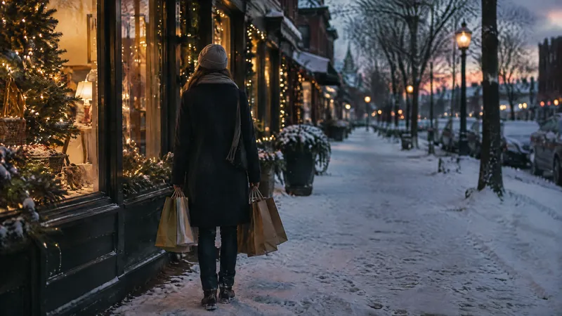 Person carrying shopping bags along a snowy street of lit shop fronts