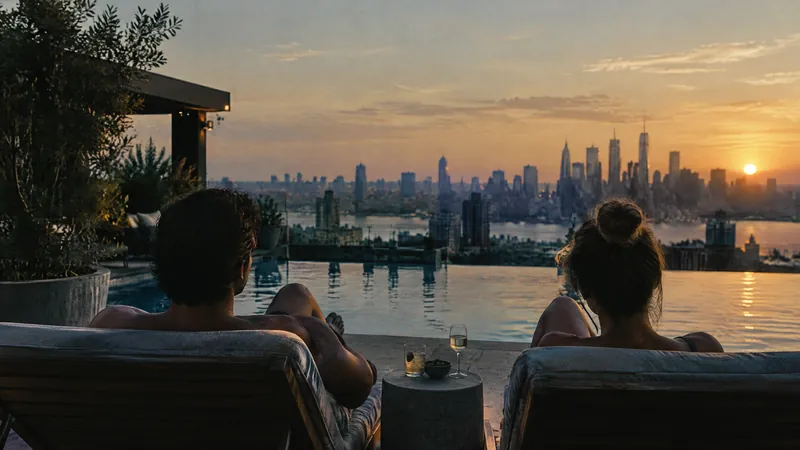 Two people on a terrace looking out at a city skyline at sunset
