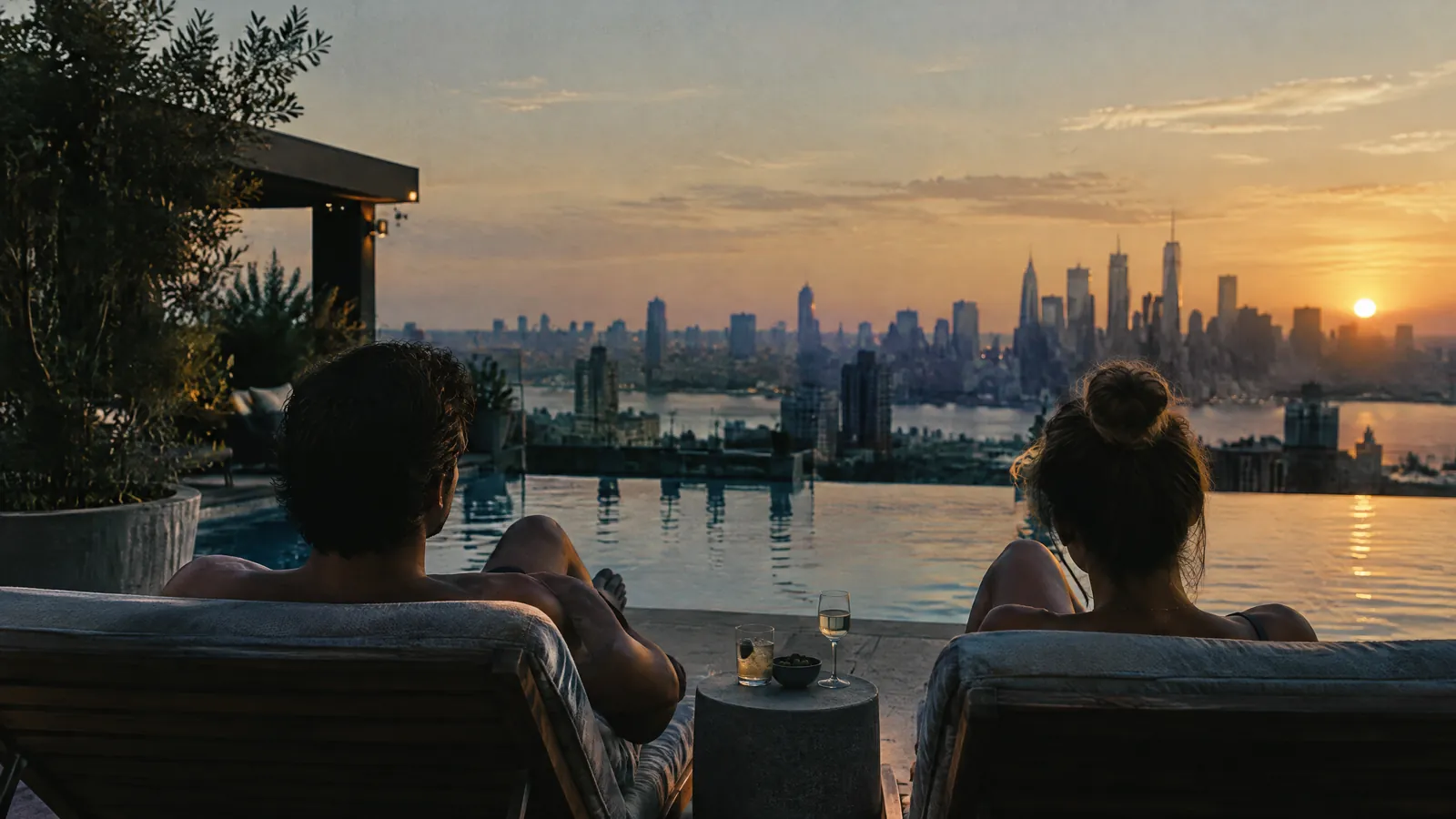 Two people on a terrace looking out at a city skyline at sunset