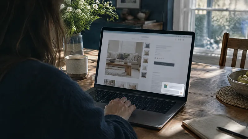 Person browsing a furniture site on a laptop at a table by a snowy window