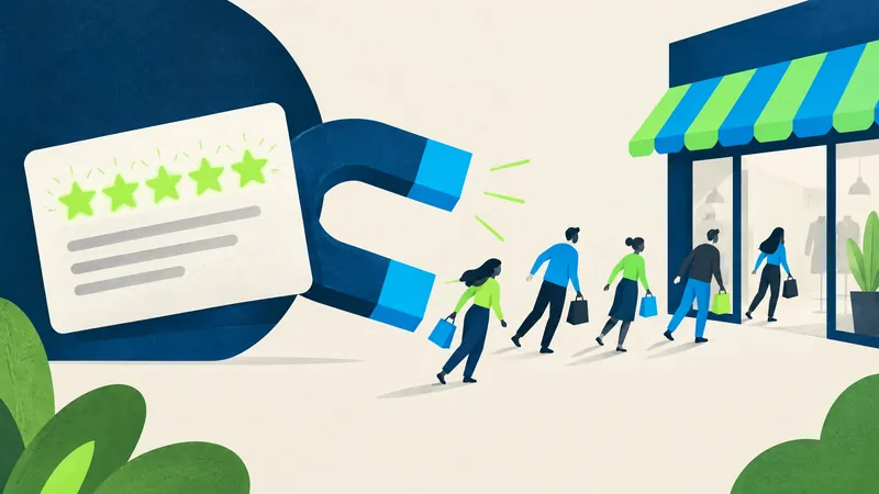 Illustration of a magnet with a five-star review drawing shoppers to a store