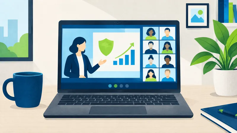 Illustration of a laptop hosting a video call with a presenter and a chart