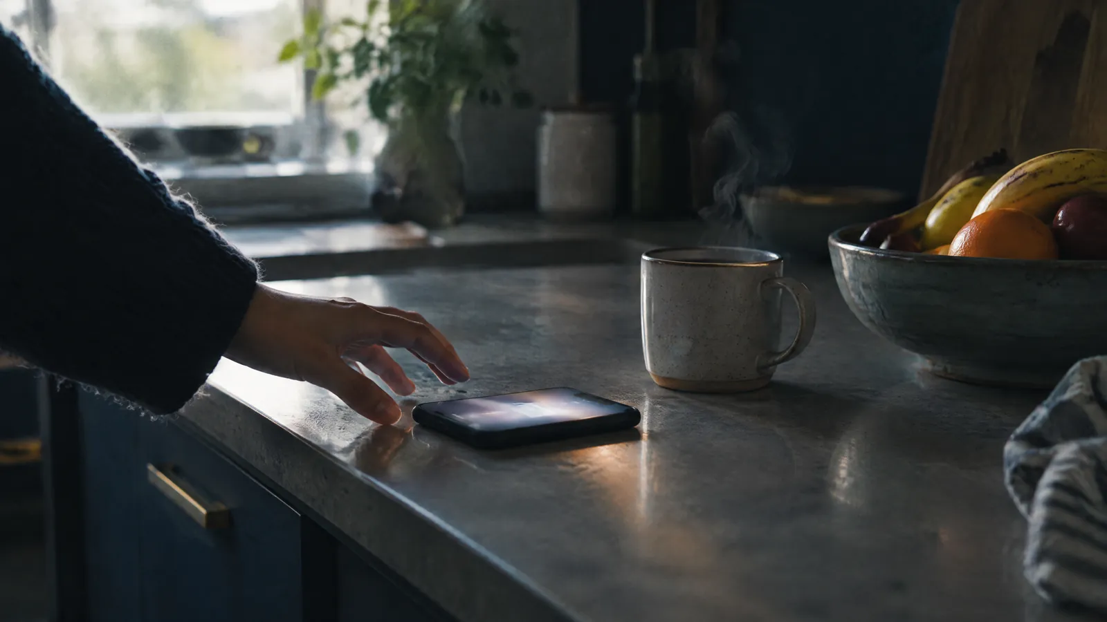 Hand reaching for a phone on a kitchen counter beside a mug and fruit bowl