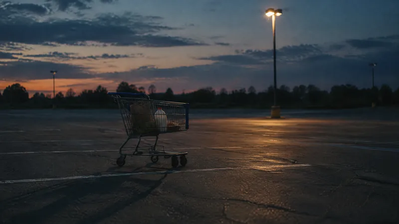 Abandoned shopping trolley in an empty car park at dusk