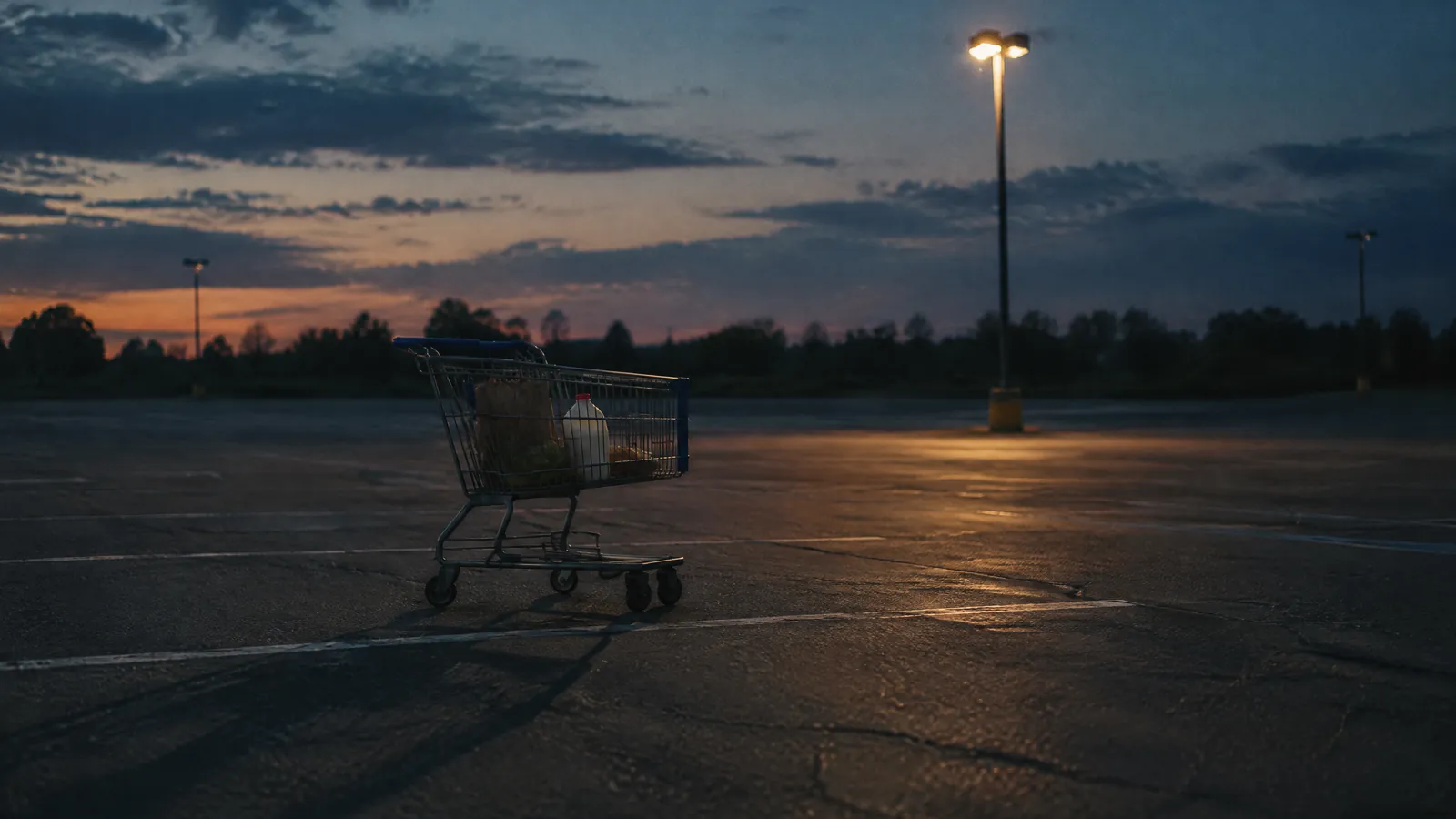 Abandoned shopping trolley in an empty car park at dusk