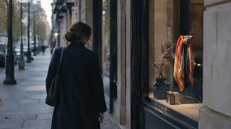 Person looking into a lit boutique window on a quiet street