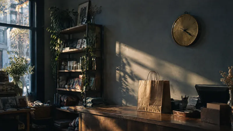 Paper bag on a sunlit table in a quiet shop under a wall clock