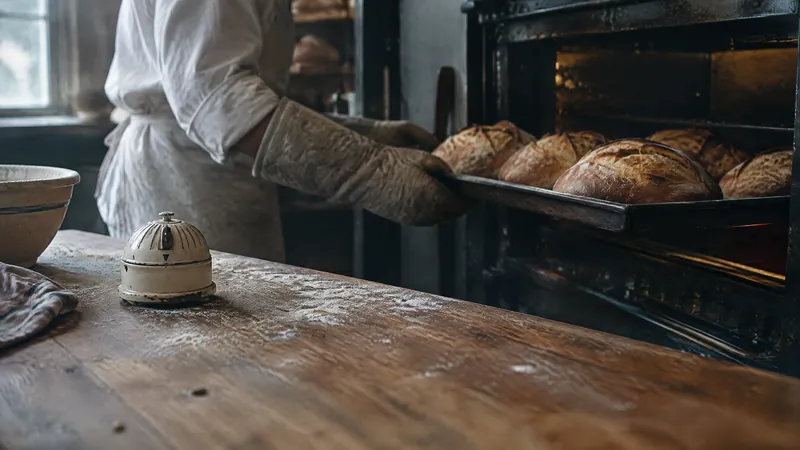 Baker lifting a tray of loaves from an oven