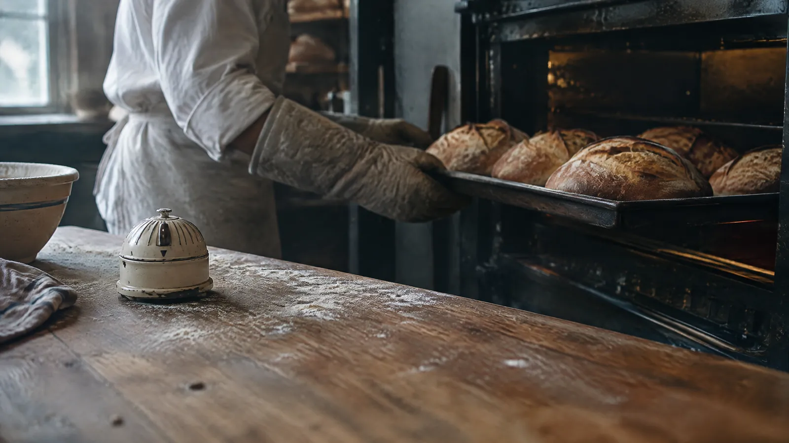 Baker lifting a tray of loaves from an oven