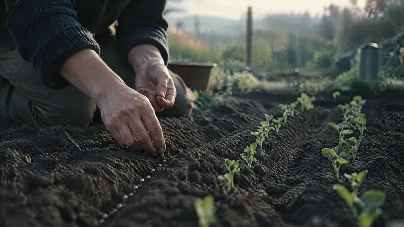 Hands sowing seeds along a row in a garden bed