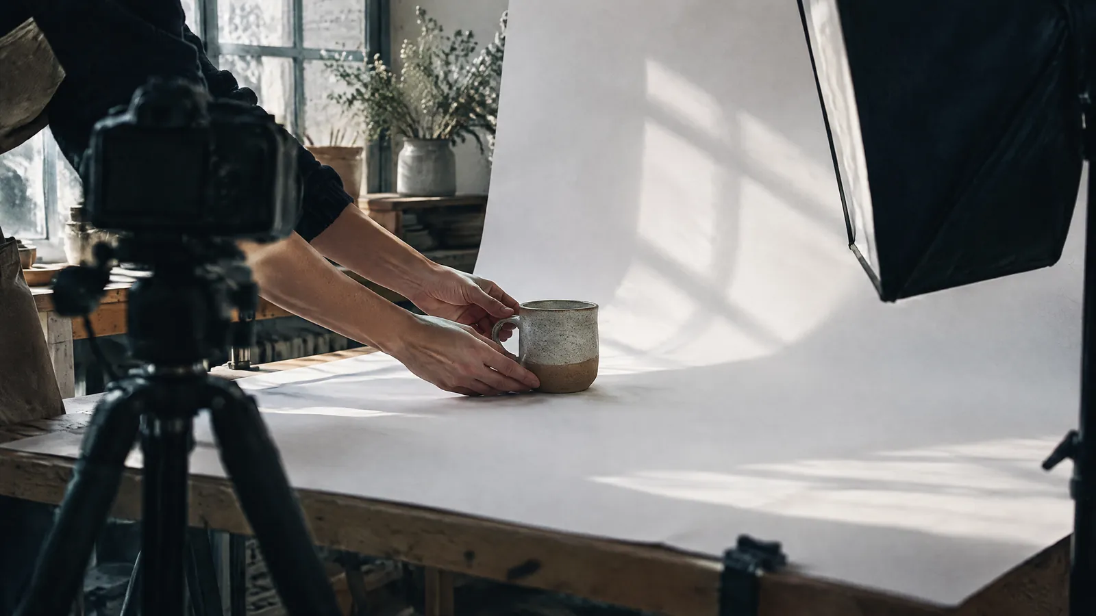 Hands arranging a ceramic pot on a lit photography table
