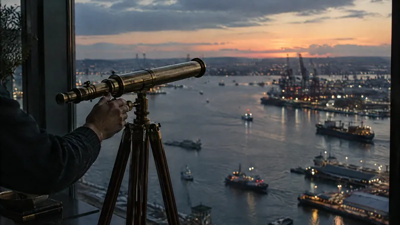Person looking through a brass telescope over a harbour at sunset