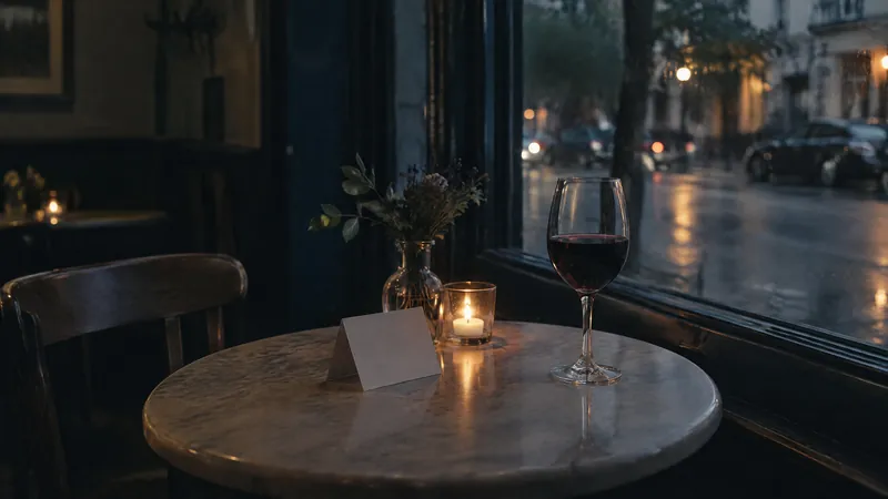 Candle, card and a glass of wine on a table beside a rainy window