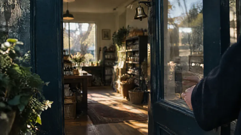 Person looking into a warmly lit shop through the doorway