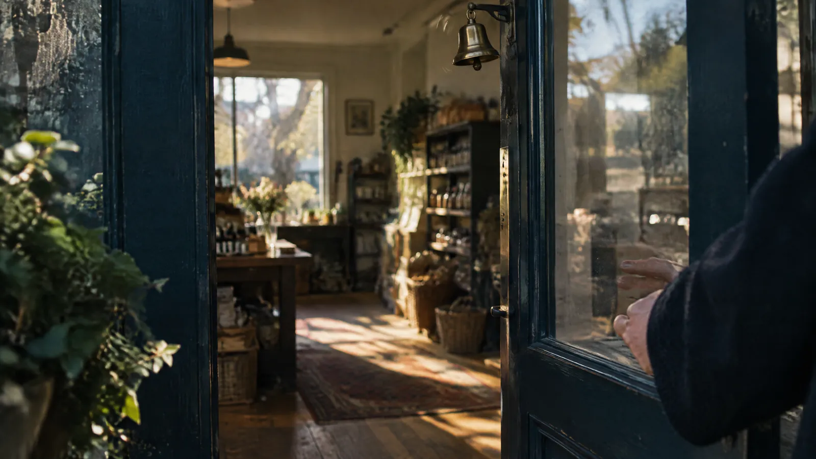 Person looking into a warmly lit shop through the doorway