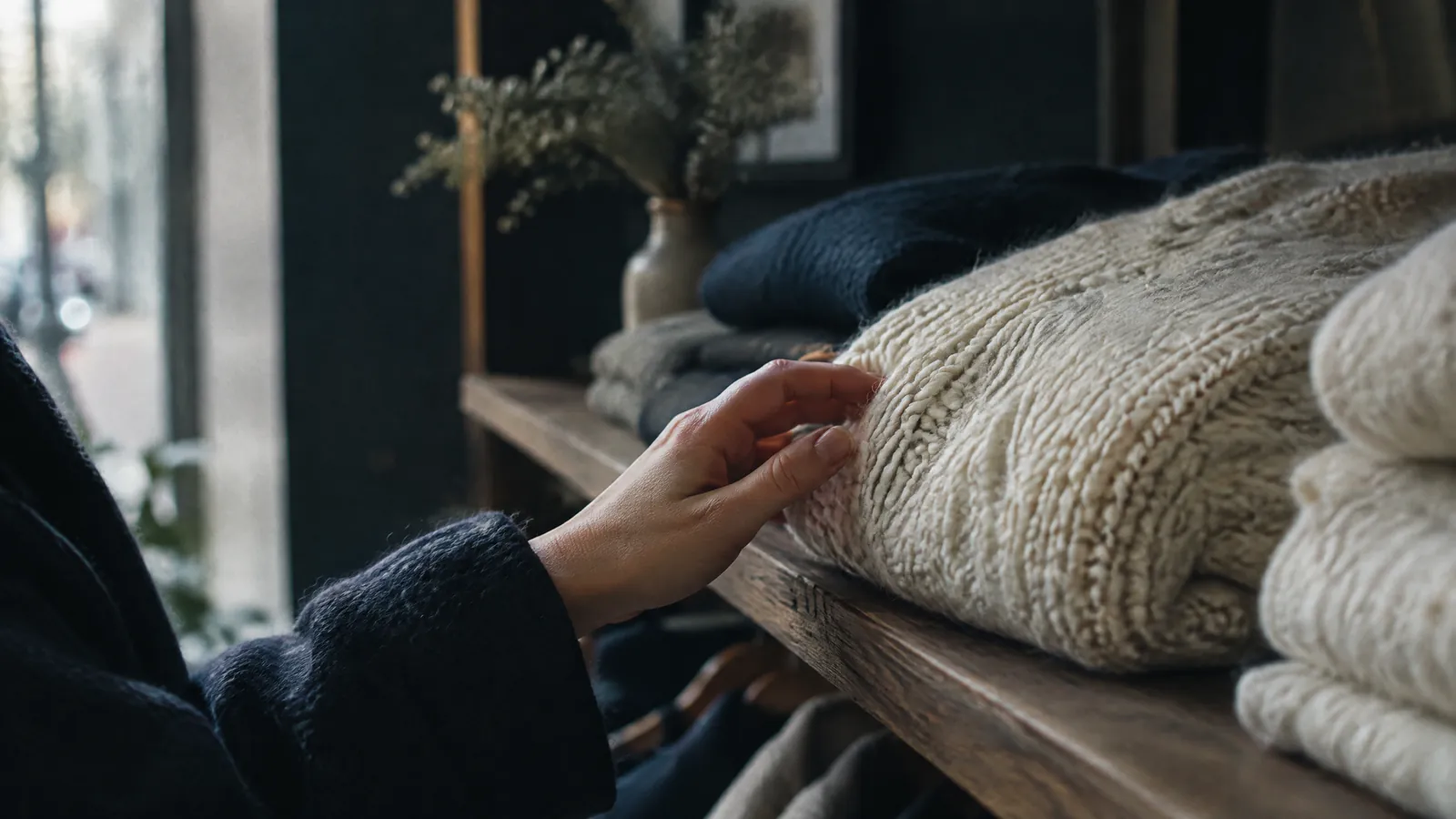 Hands folding a cream cable-knit jumper on a shop table