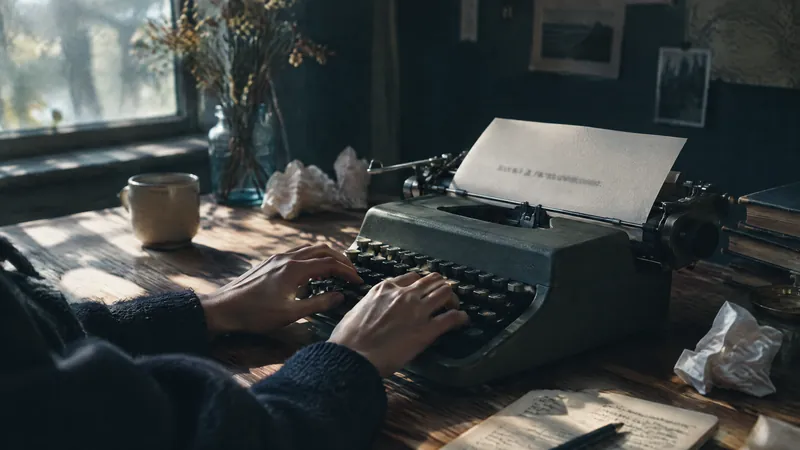 Hands typing on a vintage typewriter at a sunlit desk