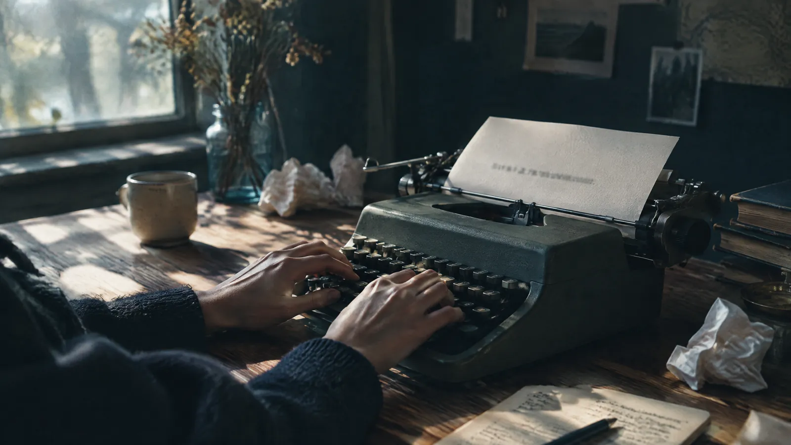 Hands typing on a vintage typewriter at a sunlit desk