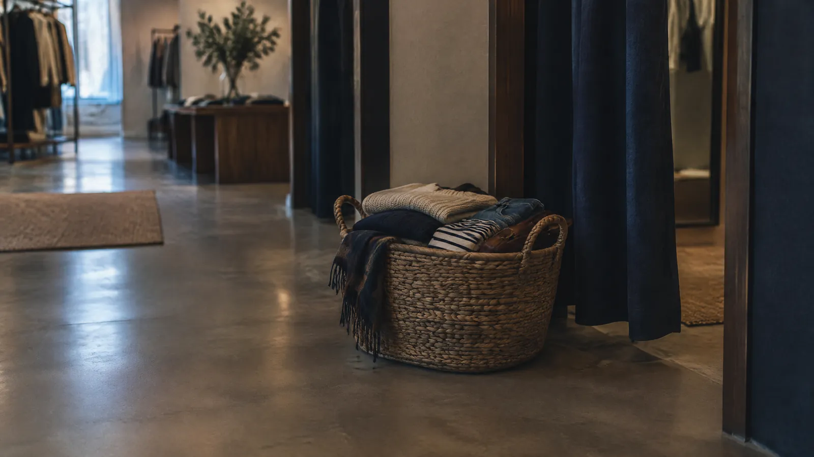Woven basket of folded knitwear on the polished concrete floor of a quiet boutique